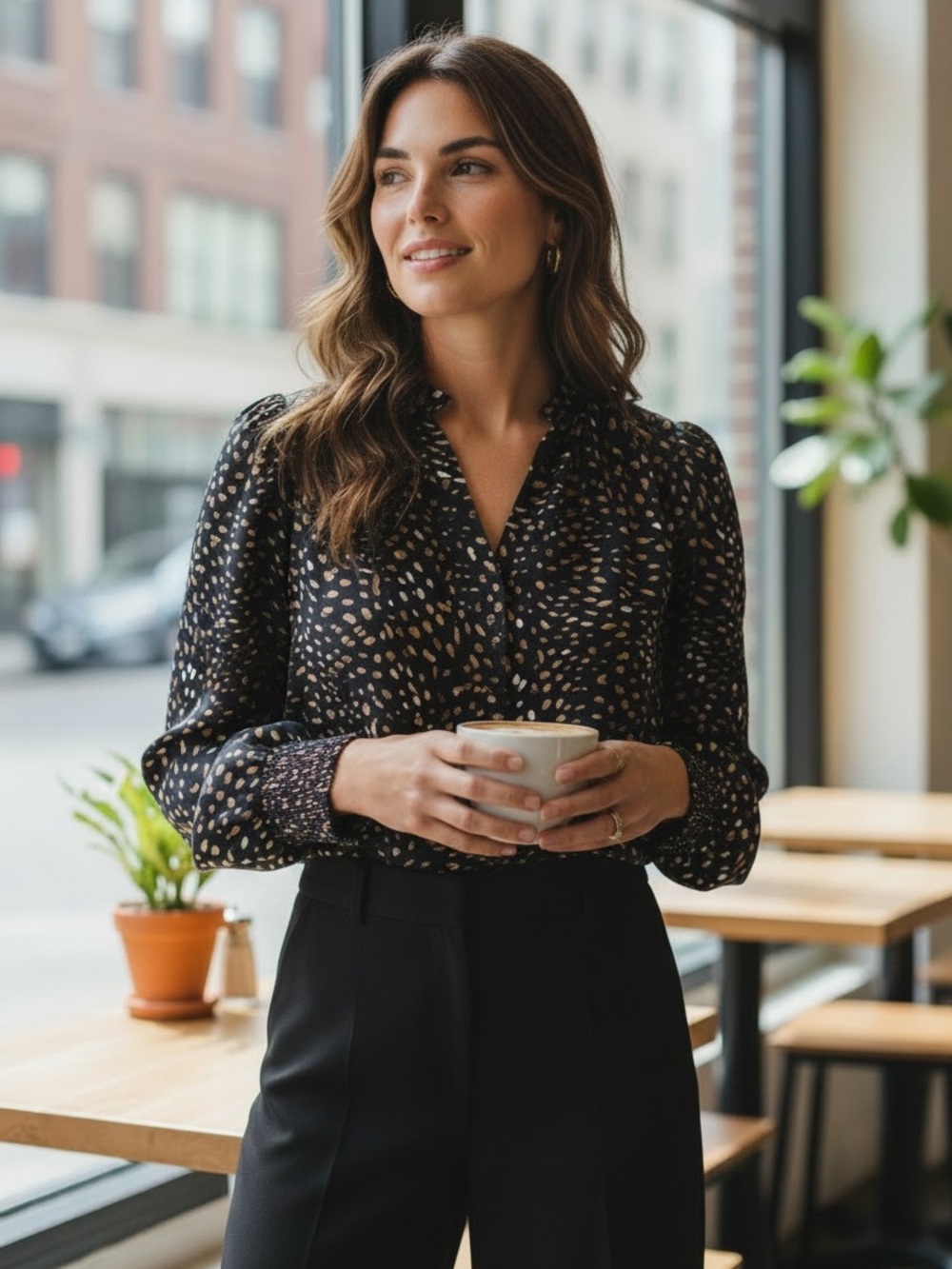 Aqua Black Printed Long-Sleeve Blouse with Tan Spot Print